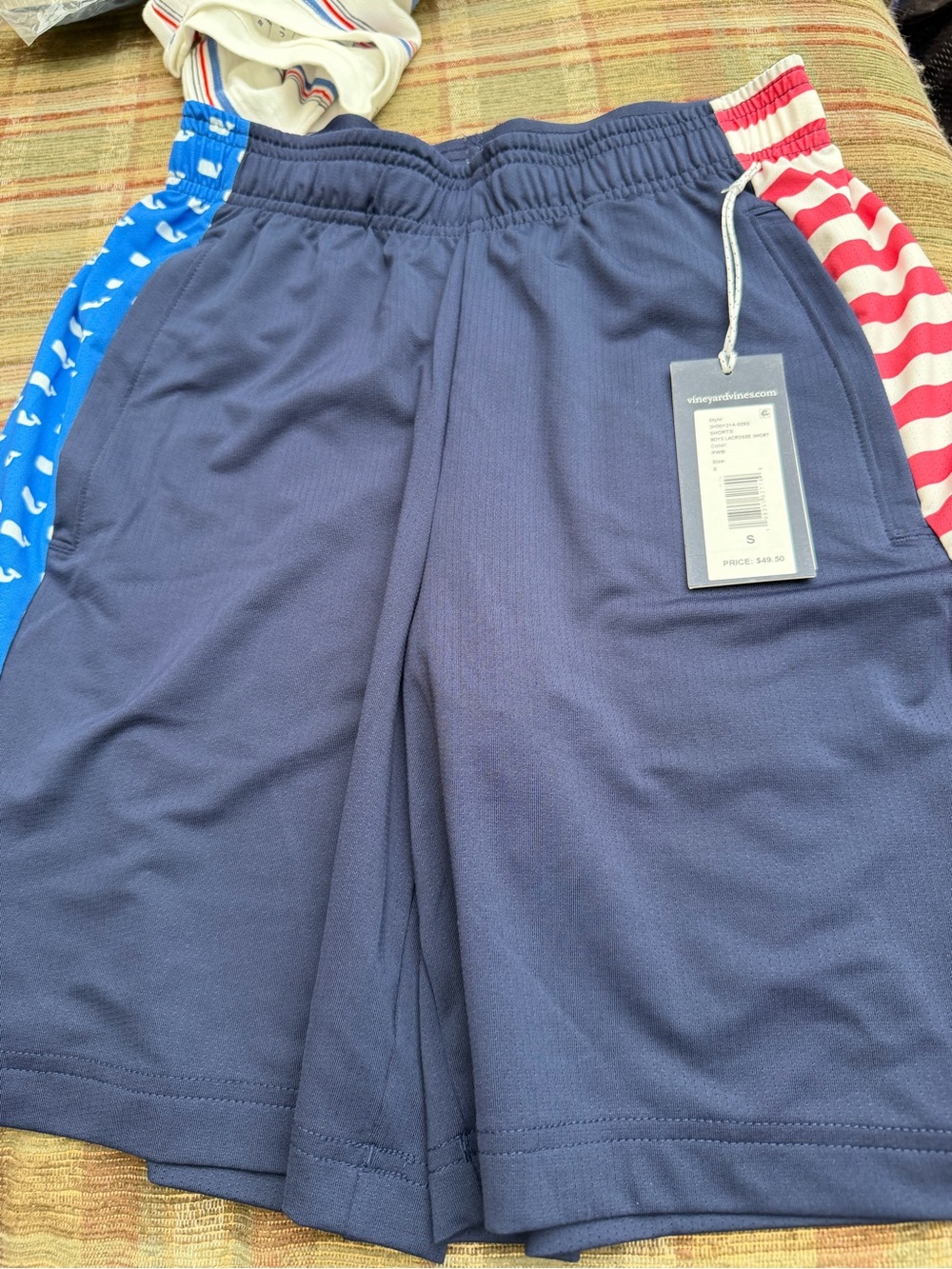 Vineyard Vines Navy Boys' Shorts with Red Striped & Blue Whale Side Panels